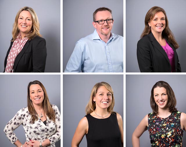 A montage of six images. Headshots of employees against a grey background.