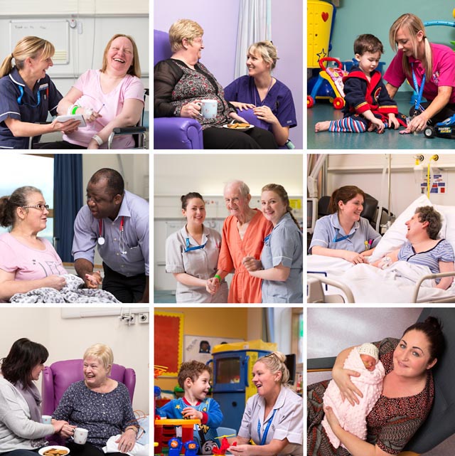 A montage of nine images of nhs staff caring for patients in a hospital environment.