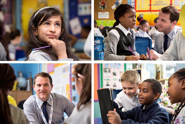 A montage of images of pupils and teachers in a school environment.