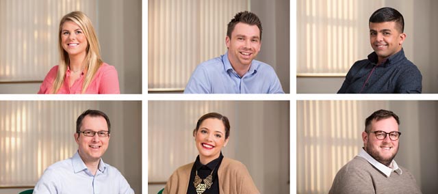 A montage of six images of corporate head shots of employees.
