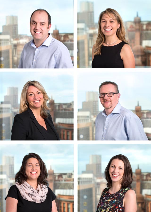 A montage of six images. Head shots of employees of a company against a city background.